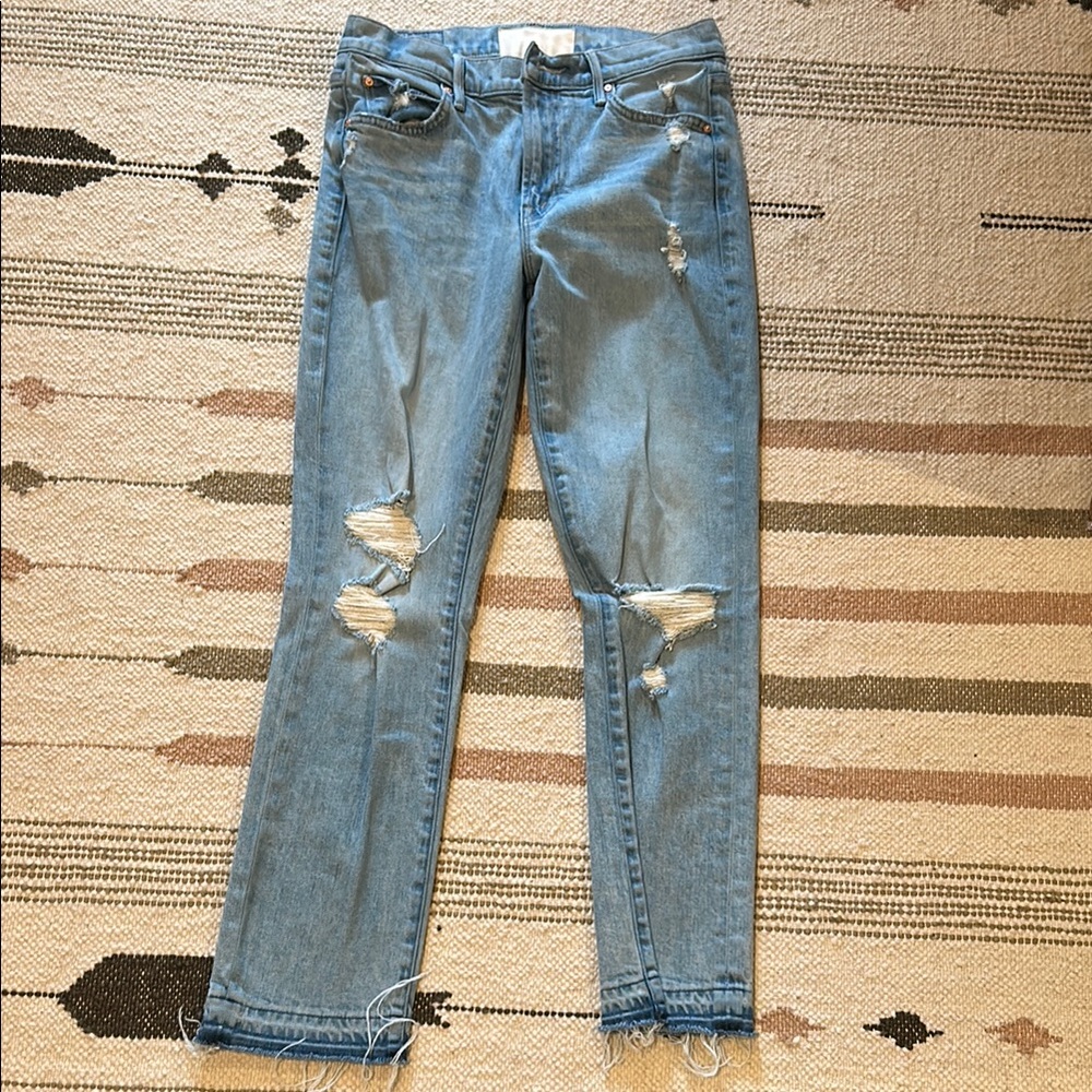 MOTHER Blue Straight Leg Jeans with Distressed Details